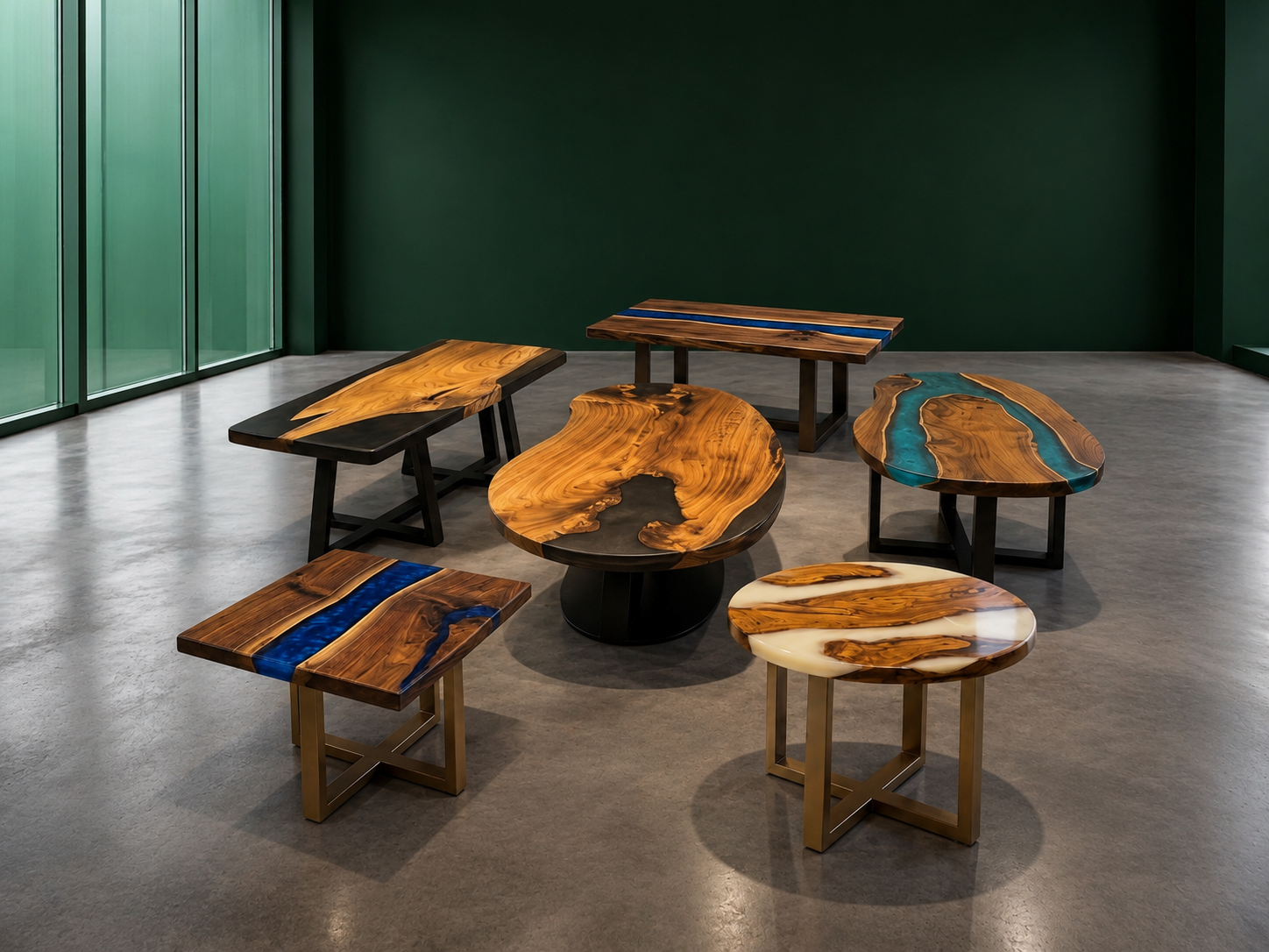 A collection of handcrafted resin and wood tables in the Chikati showroom